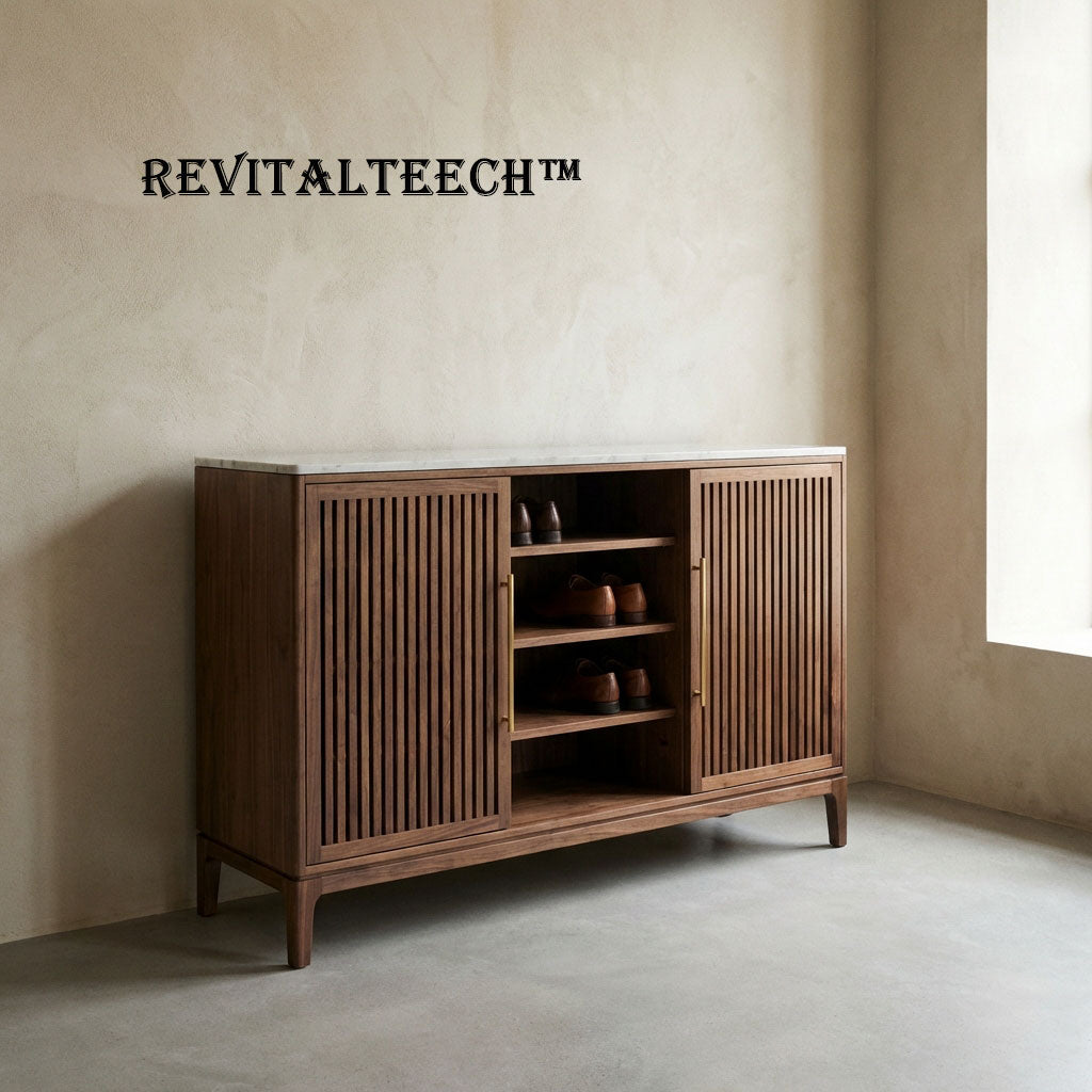 Revitalteech™ THE MARBLE-TOP WALNUT SIDEBOARD "Order is the foundation of luxury. A sideboard that functions as a structural anchor, merging the cold precision of marble with the living warmth of vertical walnut."
