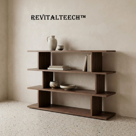 📖Revitalteech™ THE WALNUT HORIZON BOOKSHELF "A shelf should not merely hold a collection; it should act as the architectural framework for your intellectual life. A study in the balance of heavy timber and open space."